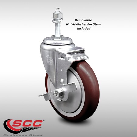 Service Caster 5 Inch SS Maroon Polyurethane Swivel 3/8 Inch Threaded Stem Caster Brake SCC SCC-SSTS20S514-PPUB-MRN-TLB-381615
